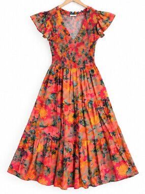 Pink Floral Smocked Waist Flutter Sleeve Midi Dress Size M